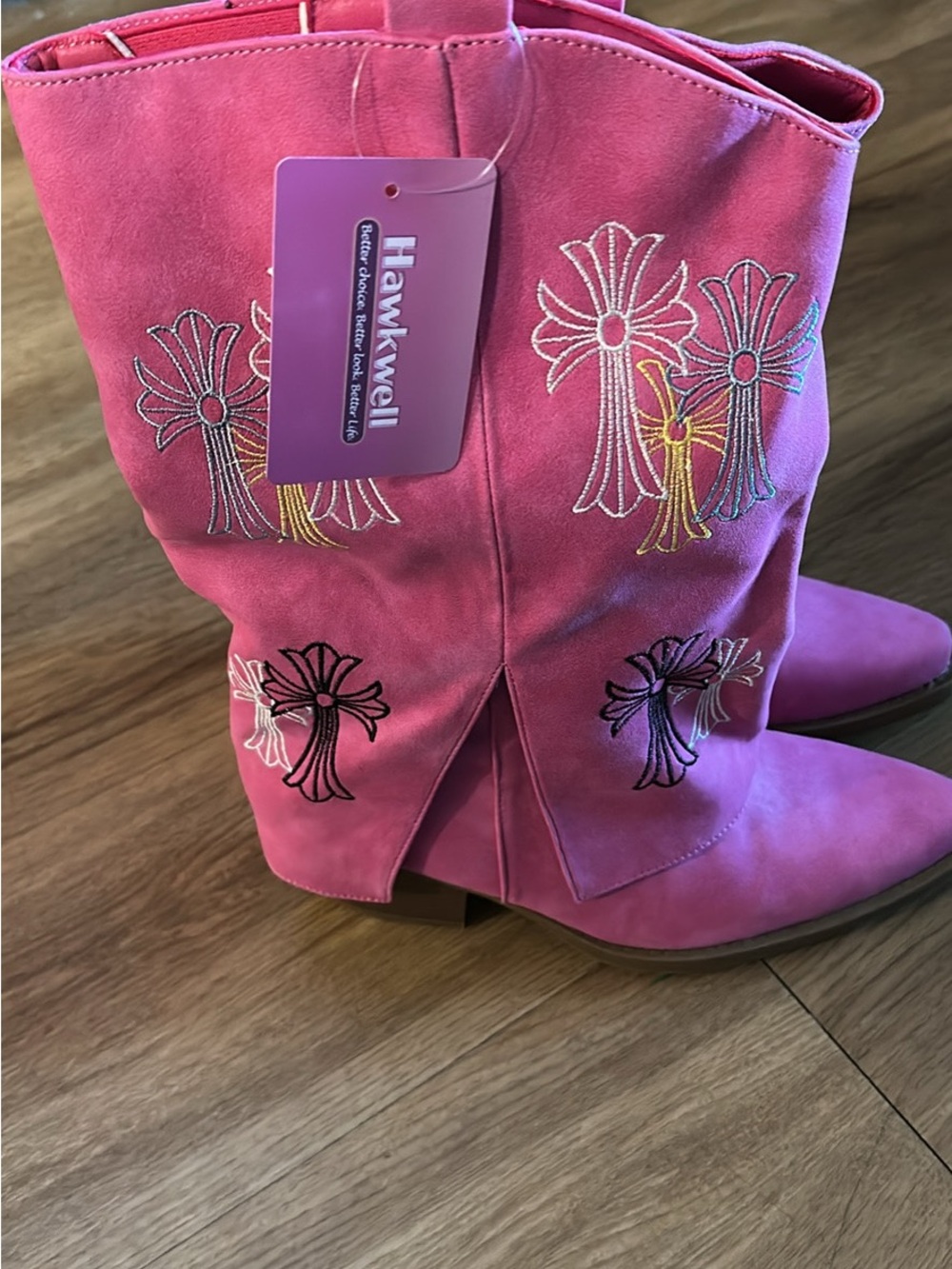 Hawkwell Pink Suede Embroidered Western Heeled Boots